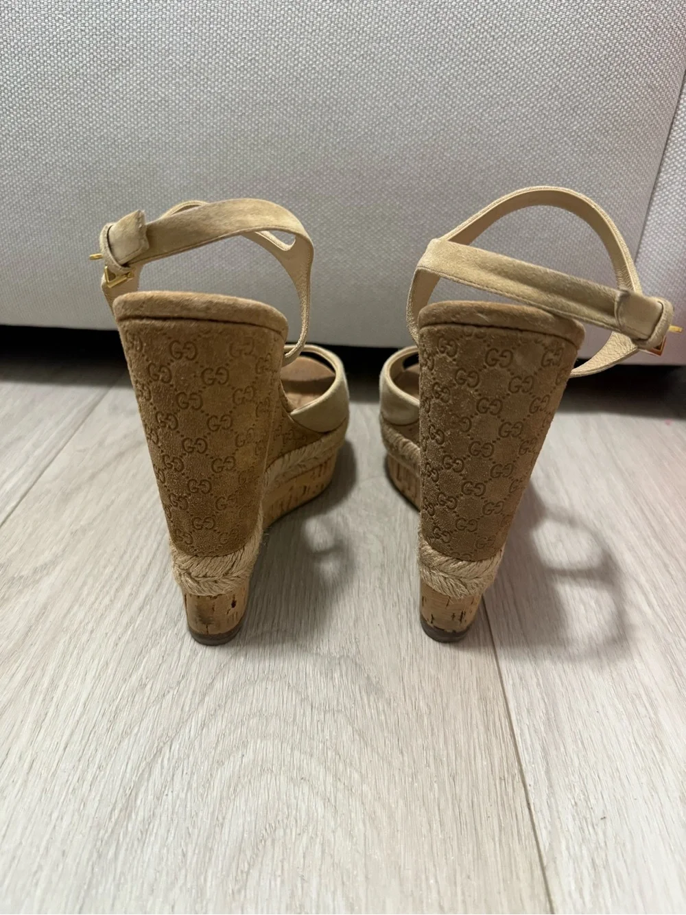 Gucci Tan Suede Espadrille Wedge Sandals